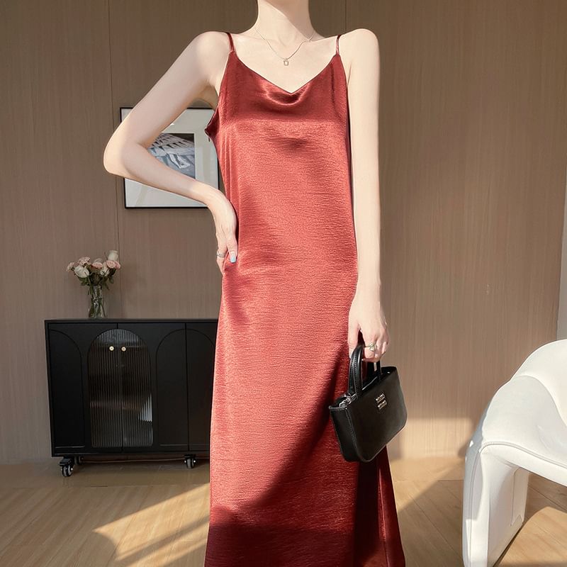 Spaghetti Strap V-Neck Plain Satin Maxi A-Line Dress
