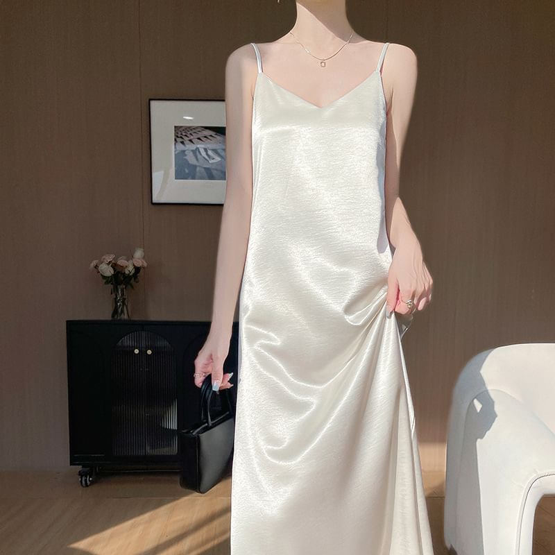 Spaghetti Strap V-Neck Plain Satin Maxi A-Line Dress