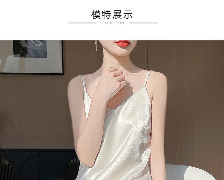 Spaghetti Strap V-Neck Plain Satin Maxi A-Line Dress