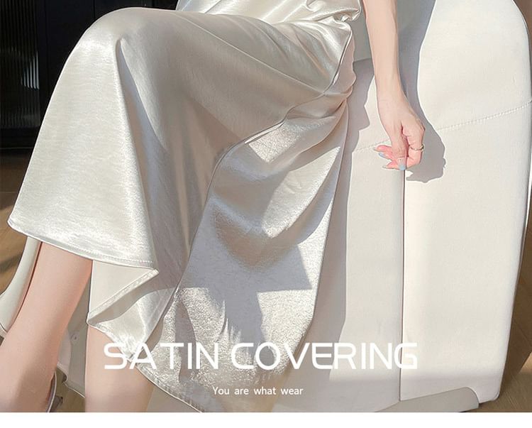 Spaghetti Strap V-Neck Plain Satin Maxi A-Line Dress