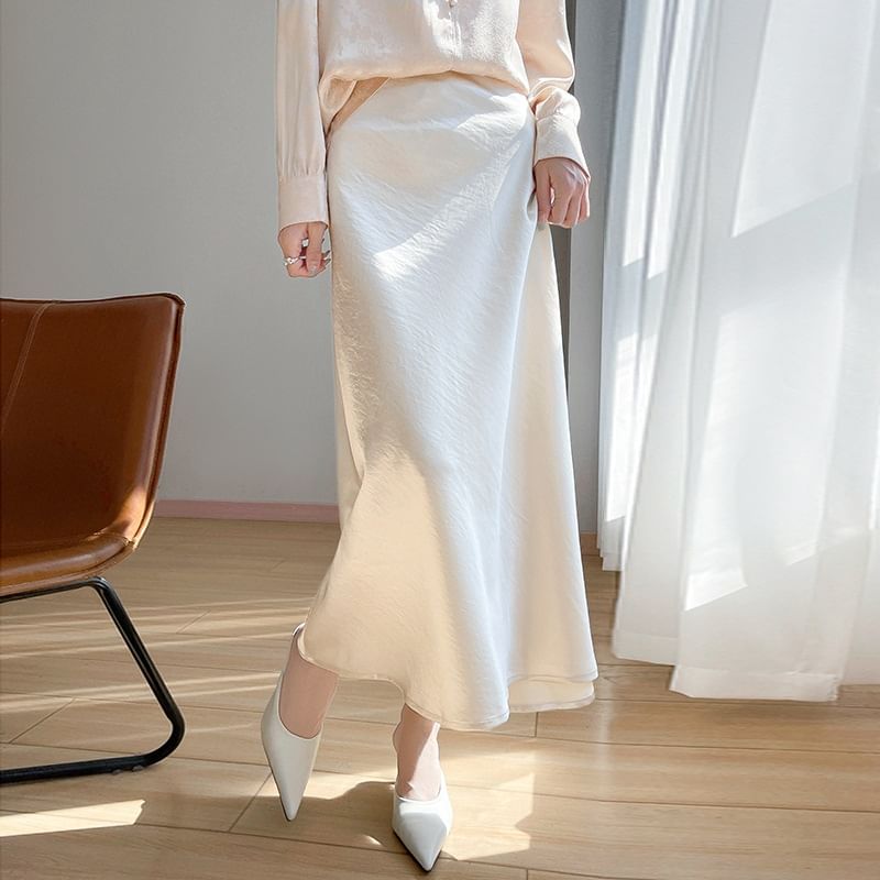 High Waist Plain Satin Maxi A-Line Skirt
