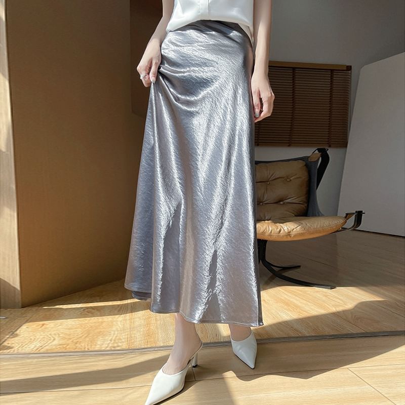 High Waist Plain Satin Maxi A-Line Skirt
