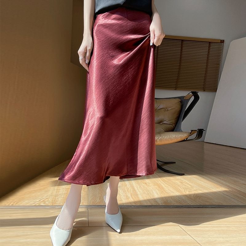 High Waist Plain Satin Maxi A-Line Skirt