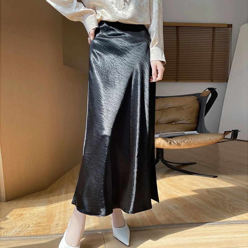 High Waist Plain Satin Maxi A-Line Skirt