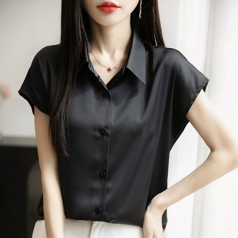 Cap Sleeve Collared Plain Satin Shirt