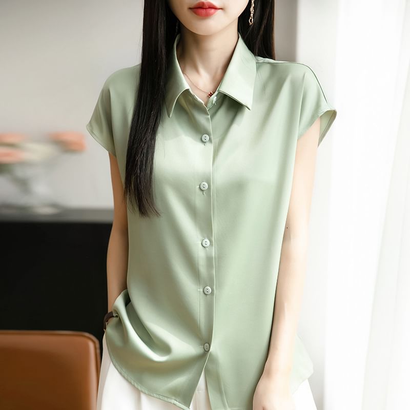 Cap Sleeve Collared Plain Satin Shirt