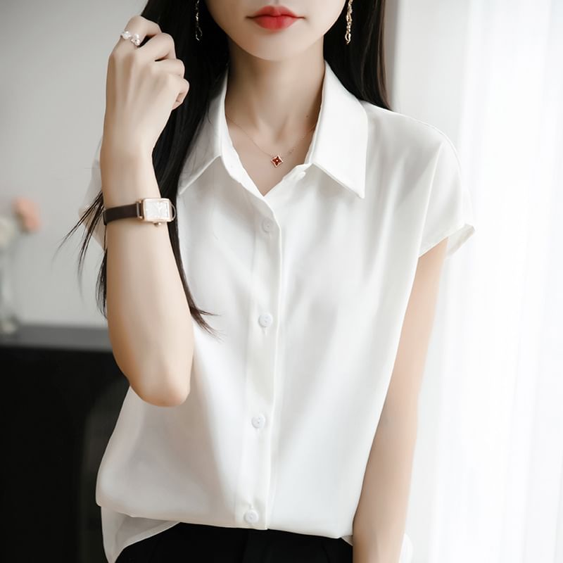 Cap Sleeve Collared Plain Satin Shirt
