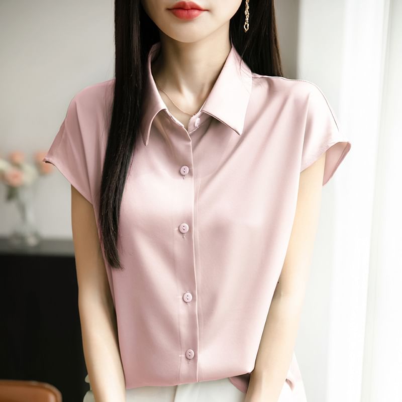 Cap Sleeve Collared Plain Satin Shirt