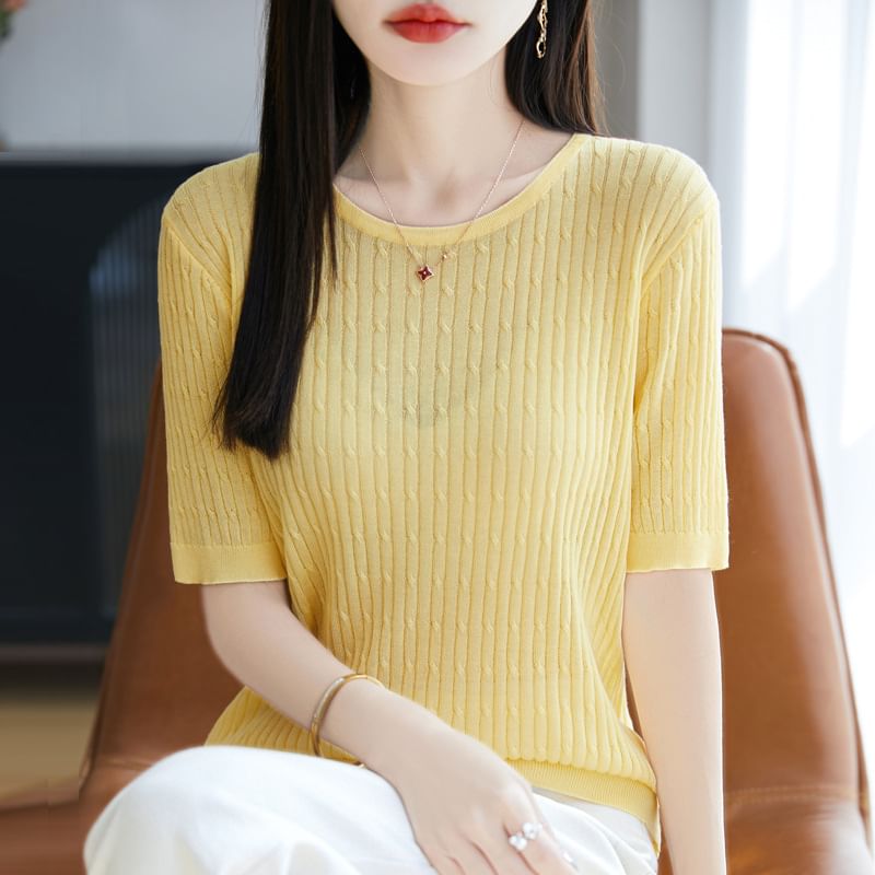 Short Sleeve Round Neck Plain Cable Knit Top