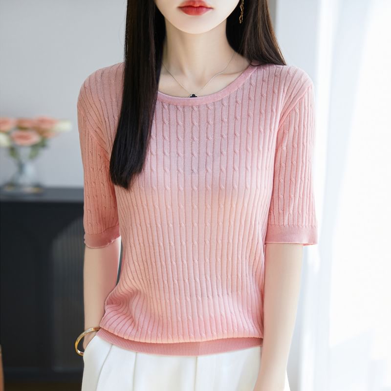 Short Sleeve Round Neck Plain Cable Knit Top