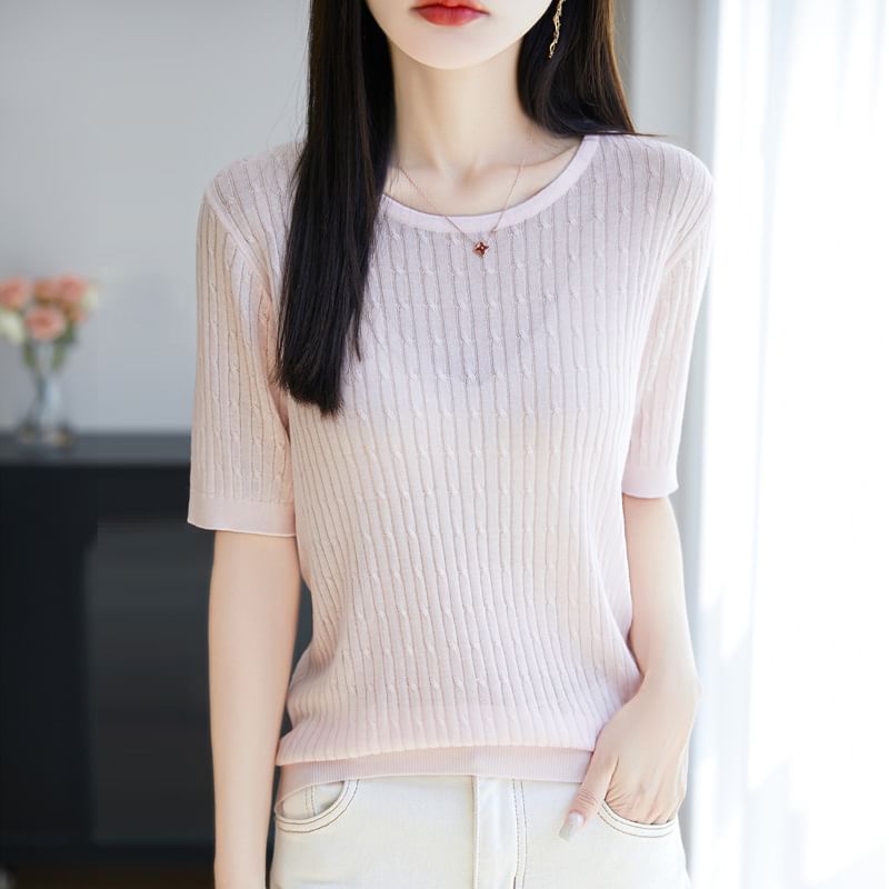 Short Sleeve Round Neck Plain Cable Knit Top