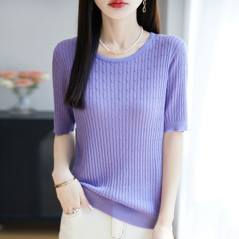 Short Sleeve Round Neck Plain Cable Knit Top