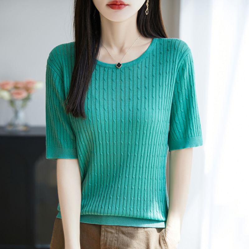 Short Sleeve Round Neck Plain Cable Knit Top