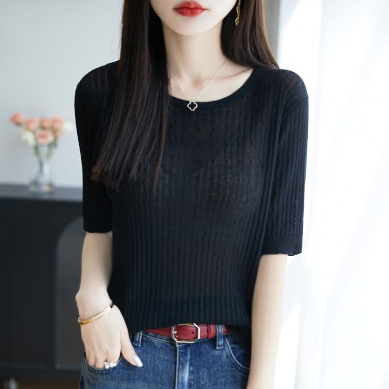 Short Sleeve Round Neck Plain Cable Knit Top