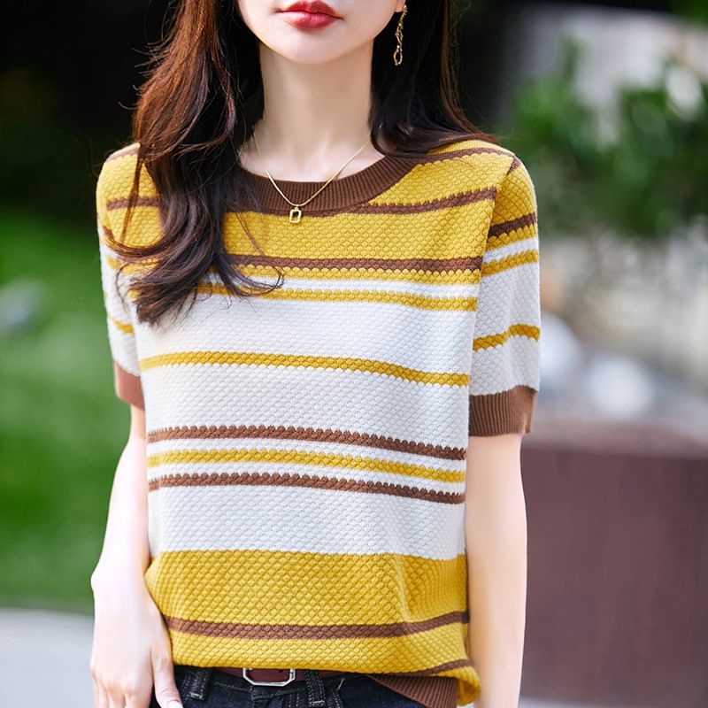 Short Sleeve Crew Neck Striped Knit Top