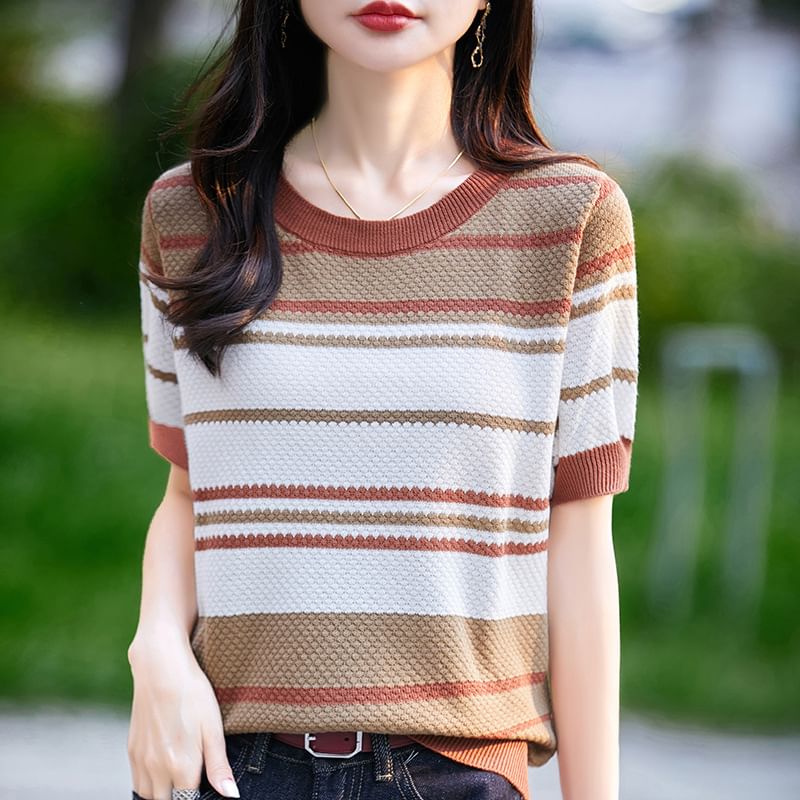 Short Sleeve Crew Neck Striped Knit Top