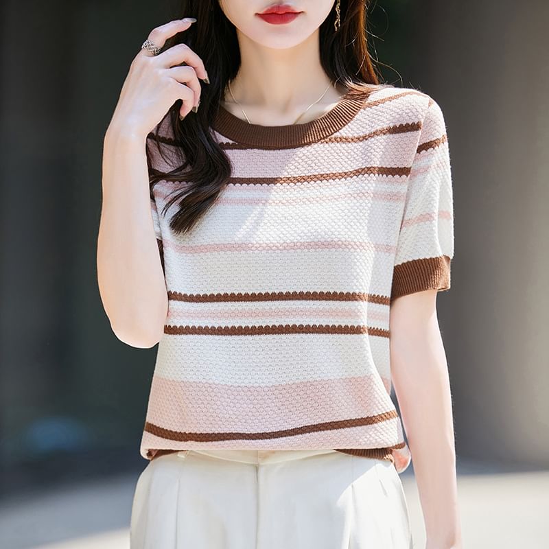 Short Sleeve Crew Neck Striped Knit Top