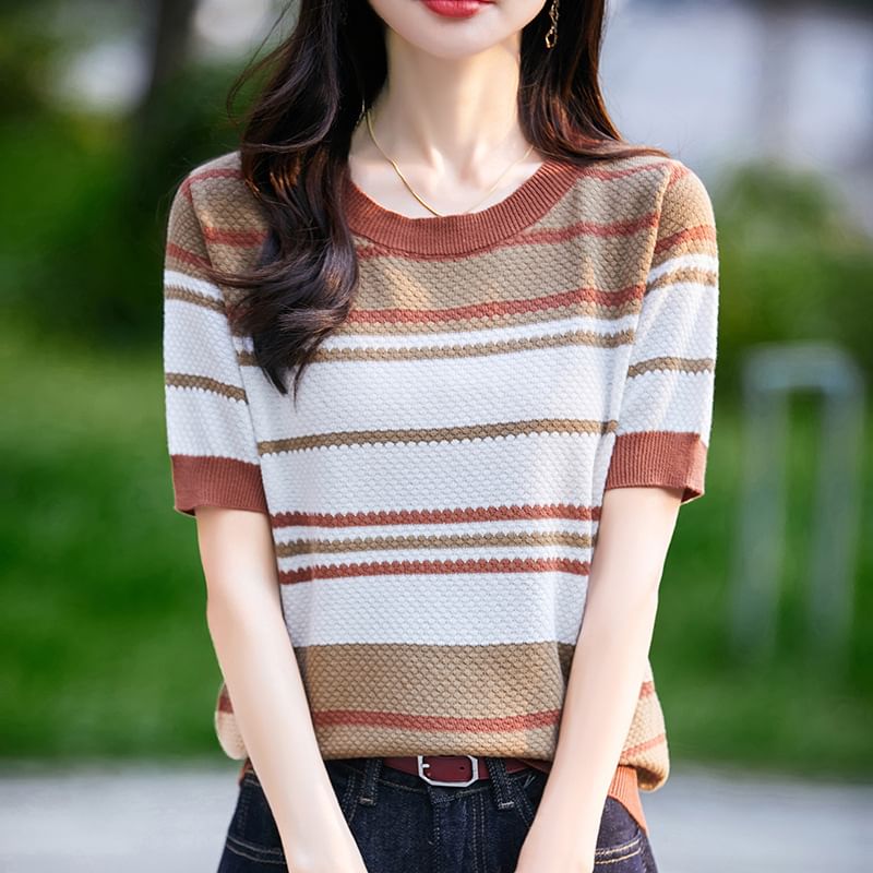 Short Sleeve Crew Neck Striped Knit Top