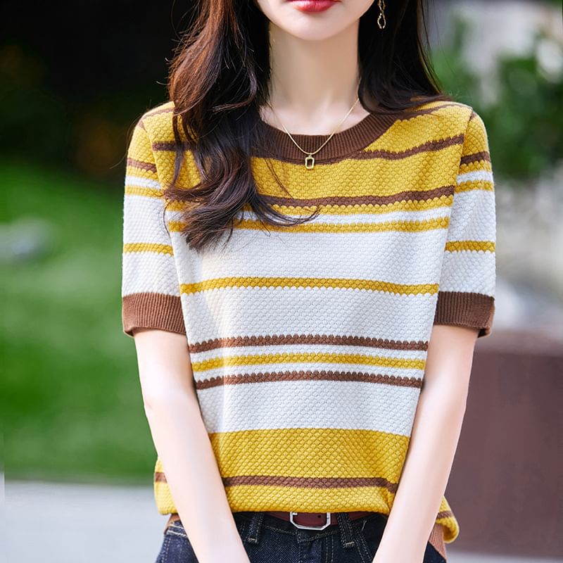 Short Sleeve Crew Neck Striped Knit Top