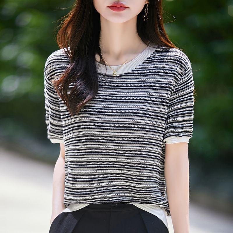 Short Sleeve Round Neck Striped Knit Top