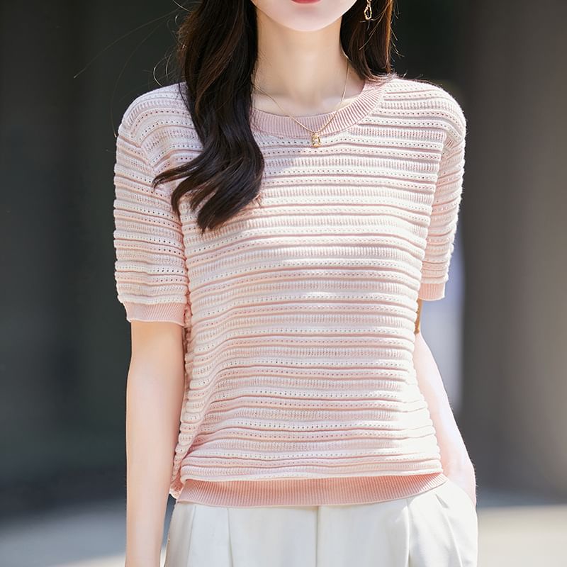 Short Sleeve Round Neck Striped Knit Top