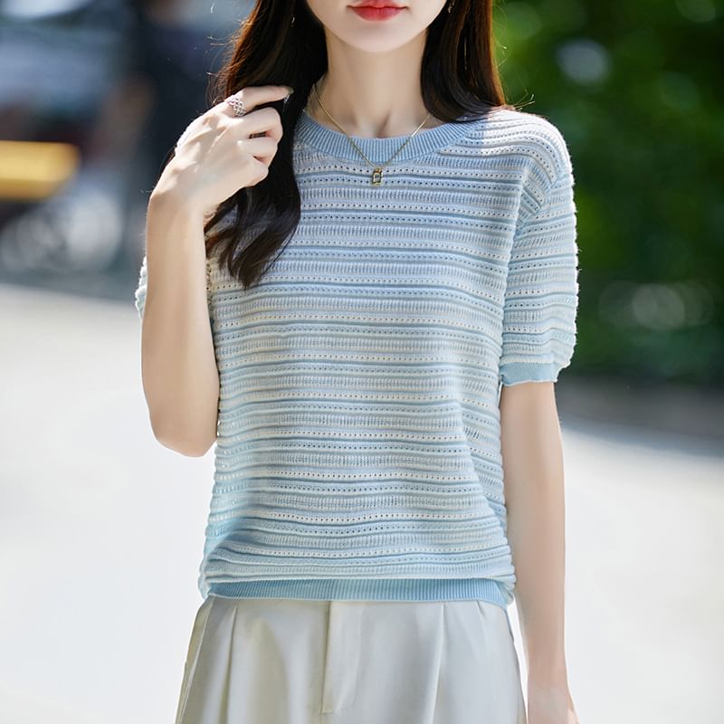 Short Sleeve Round Neck Striped Knit Top