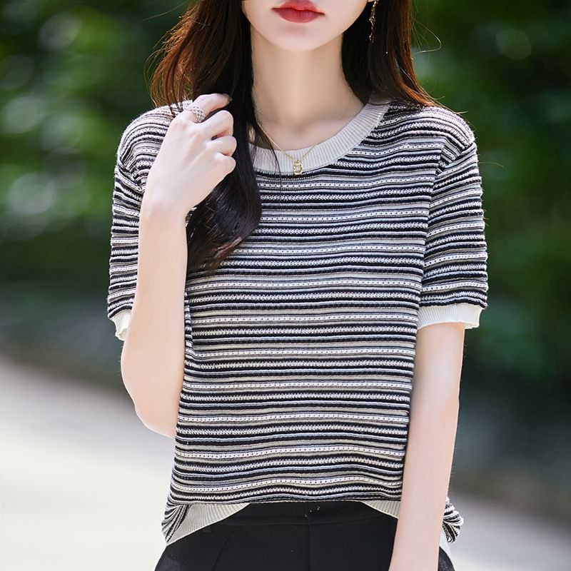 Short Sleeve Round Neck Striped Knit Top