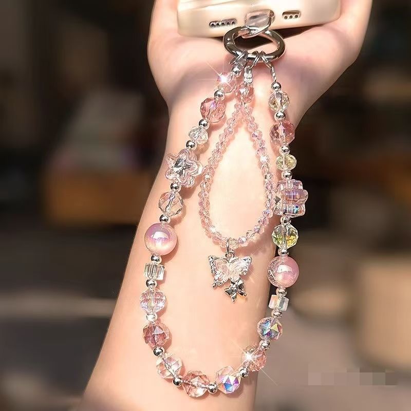with Phone Wrist Pad Faux Strap Lanyard Butterfly Crystal Beaded