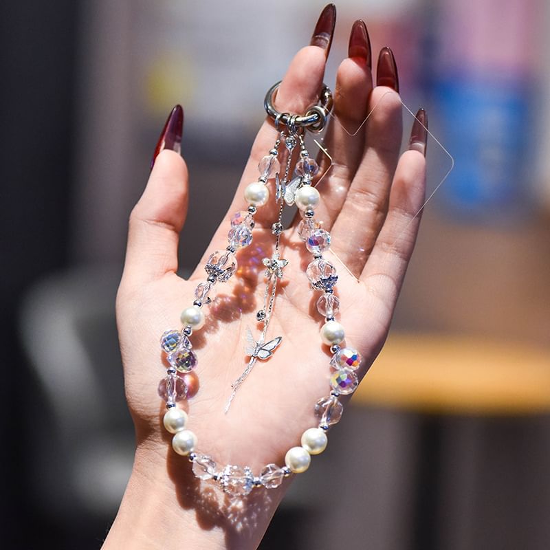 Faux with Lanyard Butterfly Phone Pearl Wrist Strap Pad