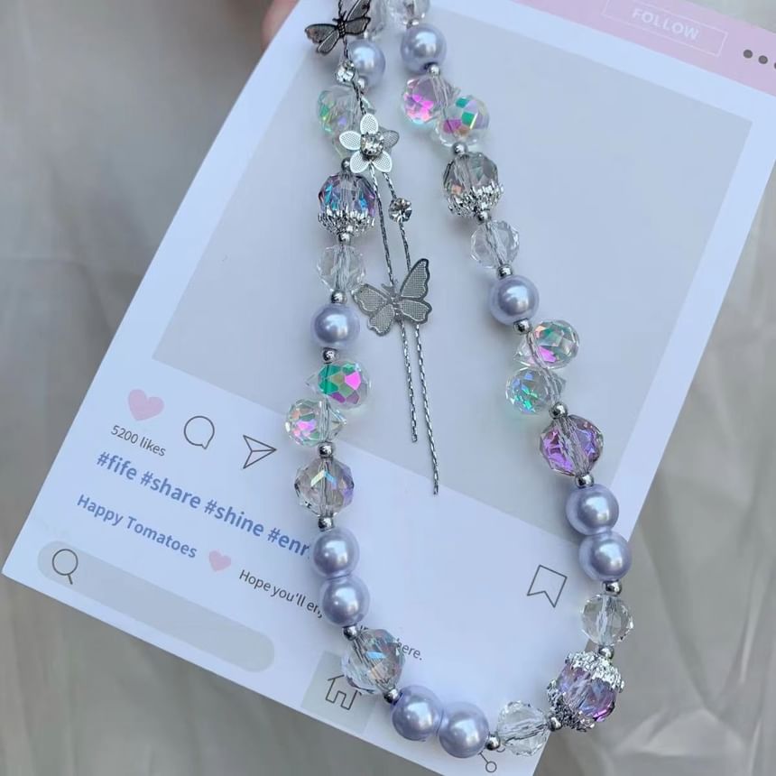 Faux with Lanyard Butterfly Phone Pearl Wrist Strap Pad