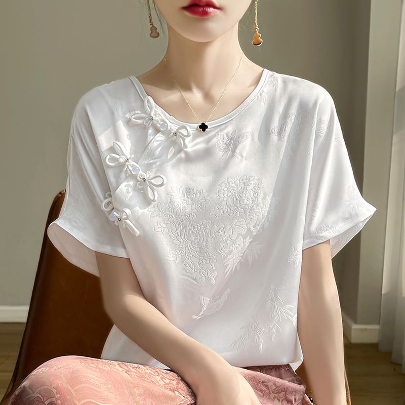 Short-Sleeve Round Neck Floral Embroidered Frog Buttoned Top