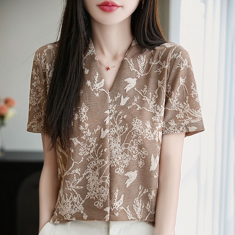 Short-Sleeve V-Neck Floral Embroidered Shirred Top