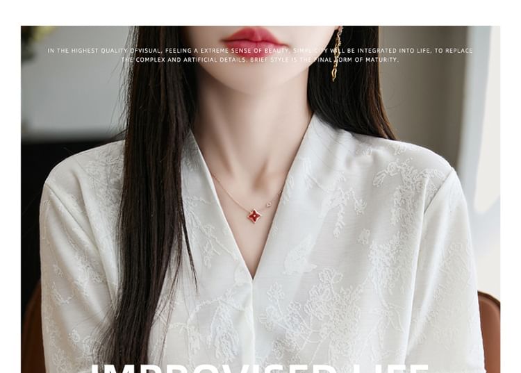 Short-Sleeve V-Neck Floral Embroidered Shirred Top