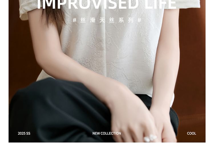 Short-Sleeve V-Neck Floral Embroidered Shirred Top