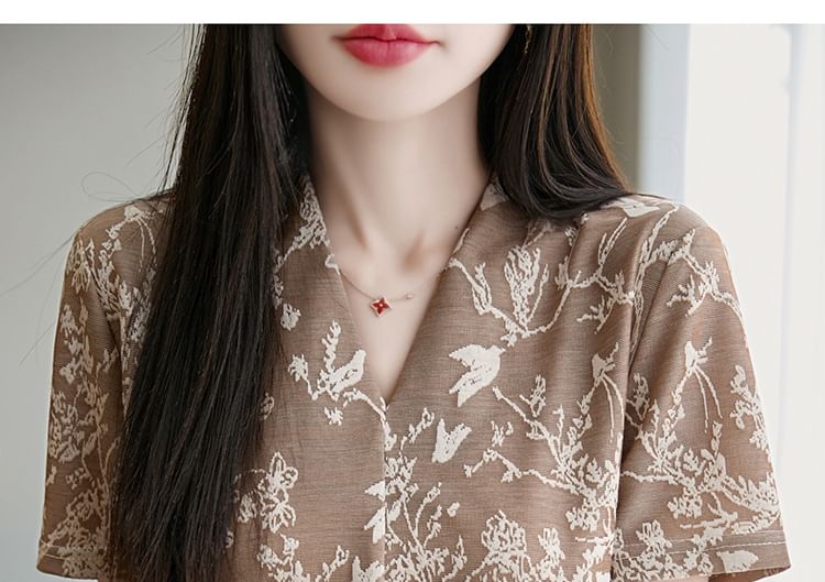 Short-Sleeve V-Neck Floral Embroidered Shirred Top