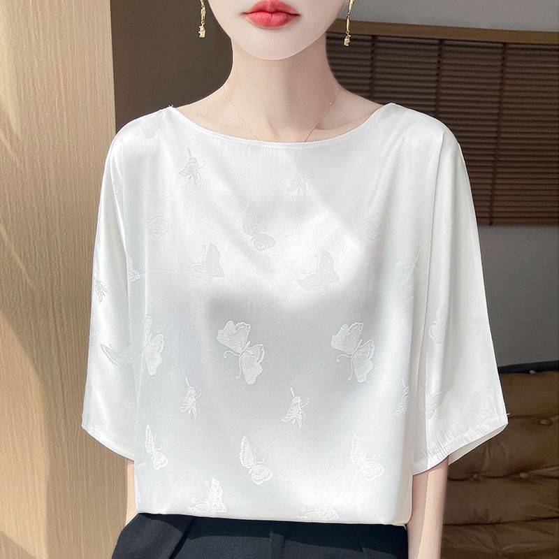 Elbow-Sleeve Boat Neck Butterfly Jacquard Satin Blouse