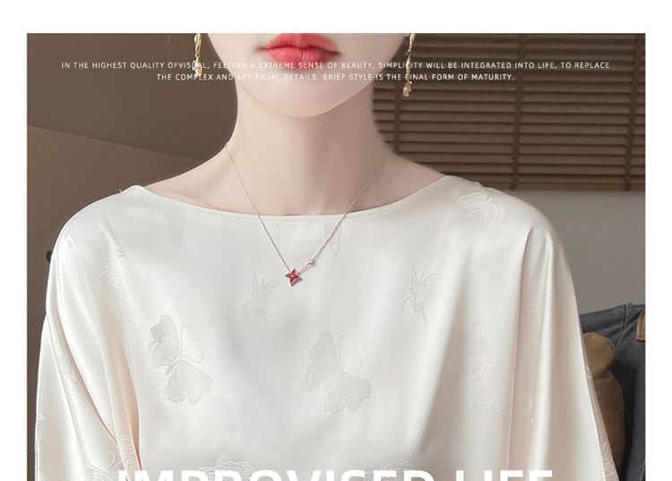 Elbow-Sleeve Boat Neck Butterfly Jacquard Satin Blouse