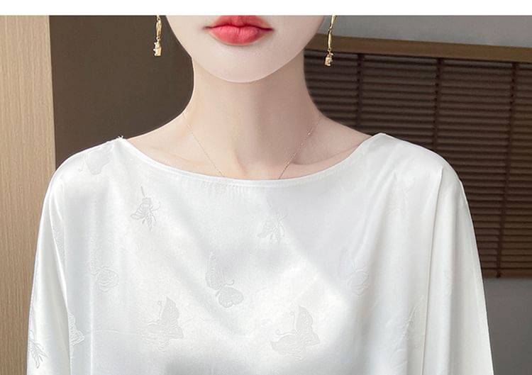 Elbow-Sleeve Boat Neck Butterfly Jacquard Satin Blouse