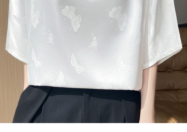 Elbow-Sleeve Boat Neck Butterfly Jacquard Satin Blouse