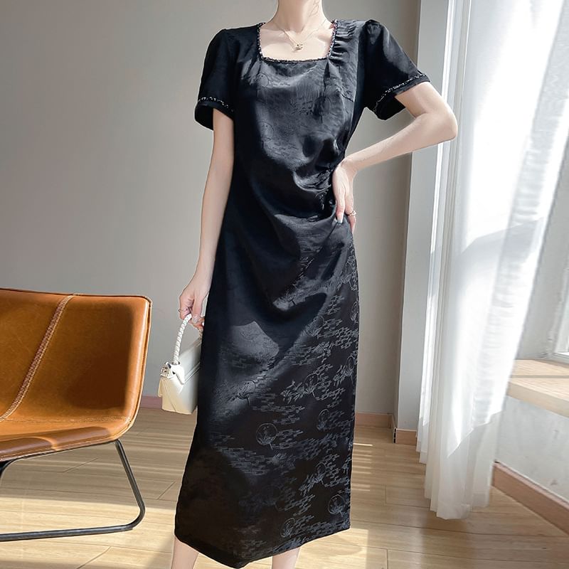 Short-Sleeve Square-Neck Floral Jacquard Satin Midi A-Line Dress