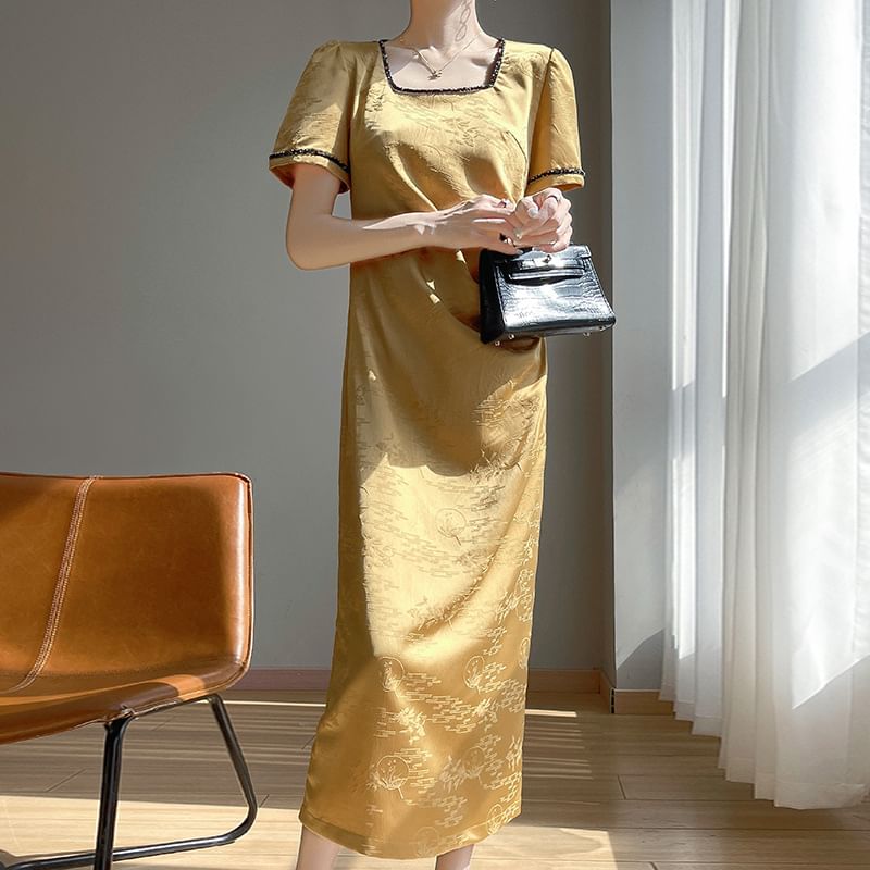 Short-Sleeve Square-Neck Floral Jacquard Satin Midi A-Line Dress