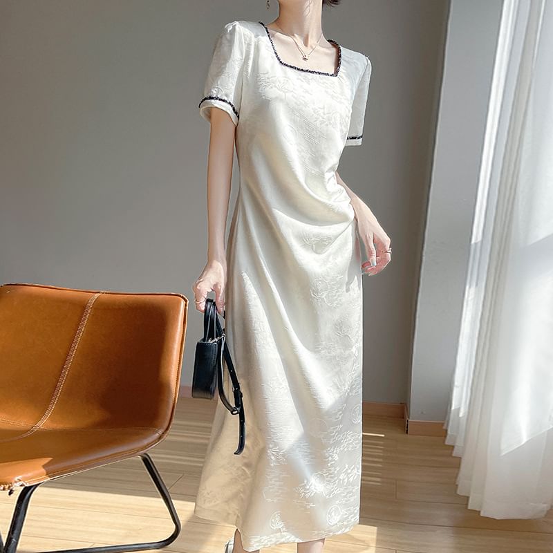 Short-Sleeve Square-Neck Floral Jacquard Satin Midi A-Line Dress