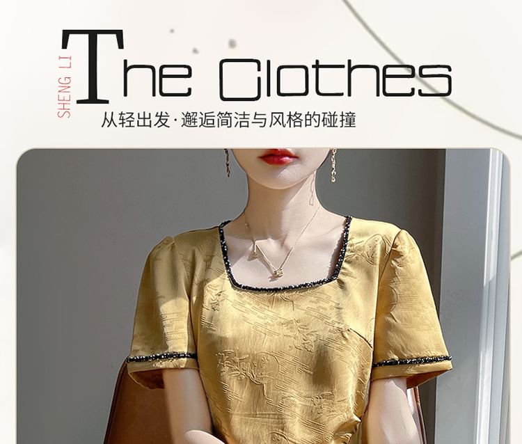 Short-Sleeve Square-Neck Floral Jacquard Satin Midi A-Line Dress