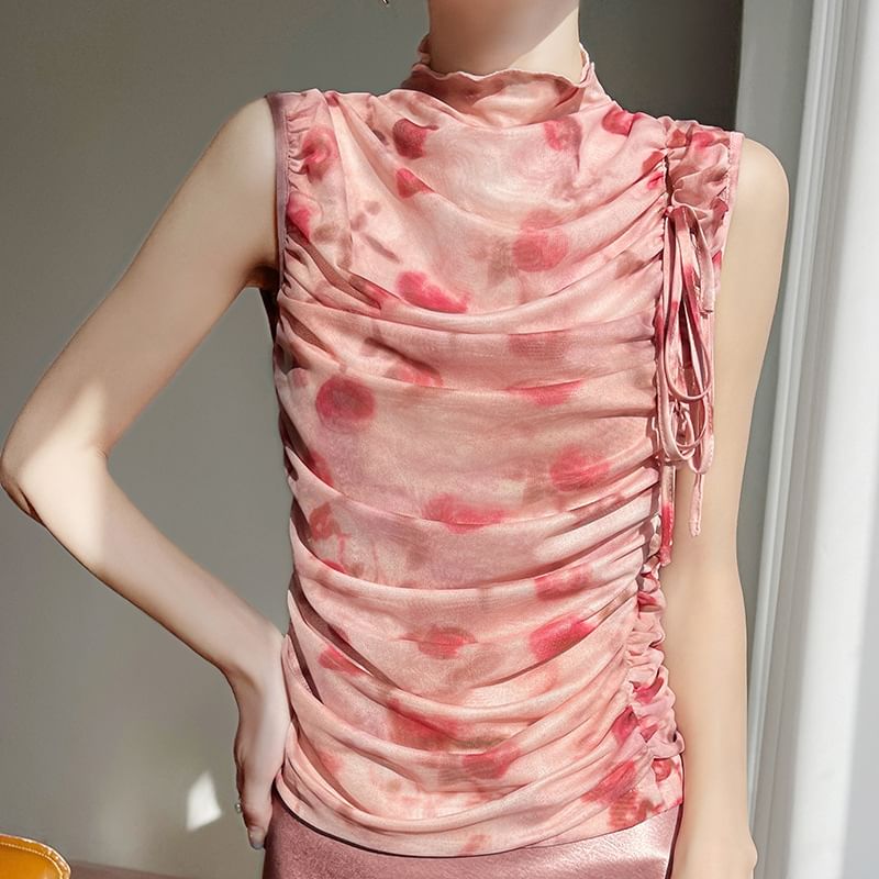 Sleeveless High-Neck Floral Print Drawstring Top