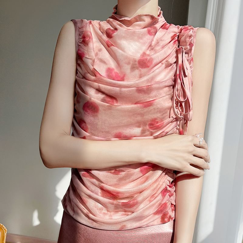 Sleeveless High-Neck Floral Print Drawstring Top