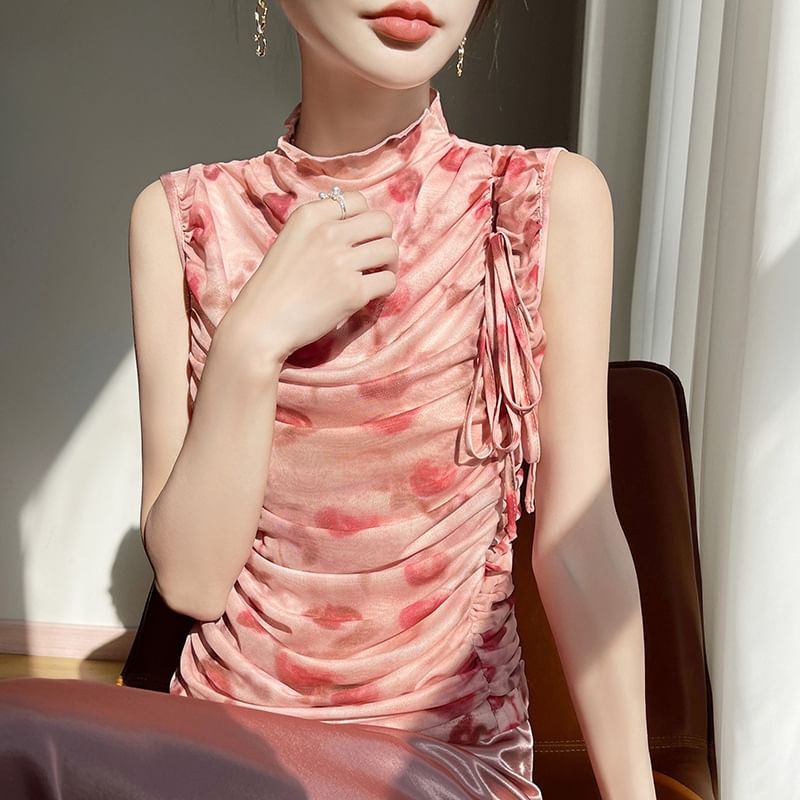 Sleeveless High-Neck Floral Print Drawstring Top