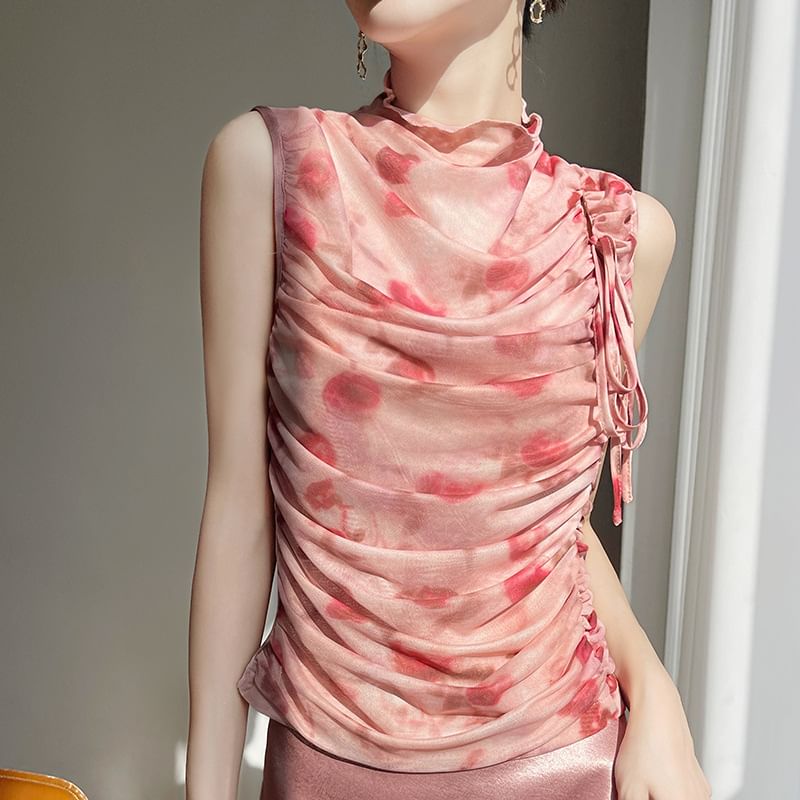 Sleeveless High-Neck Floral Print Drawstring Top
