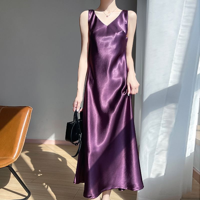 Sleeveless V-Neck Satin Midi A-Line Dress