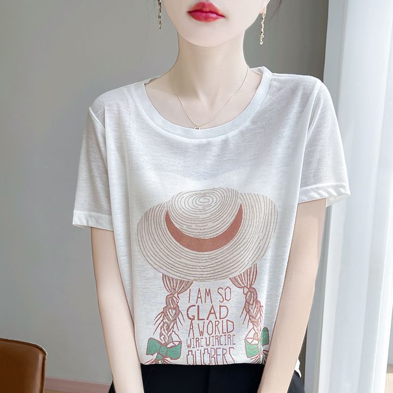 Short-Sleeve Crew Neck Cartoon Print T-Shirt