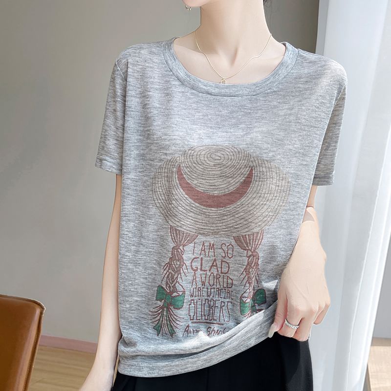Short-Sleeve Crew Neck Cartoon Print T-Shirt